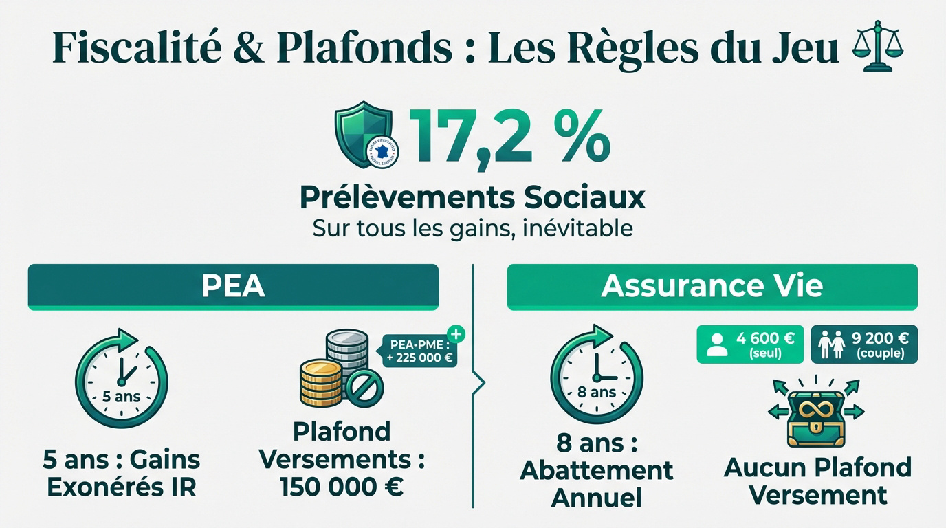 Infographie comparant la fiscalité et les plafonds du PEA et de l'Assurance Vie. Détaille les prélèvements sociaux, les délais et les caps.