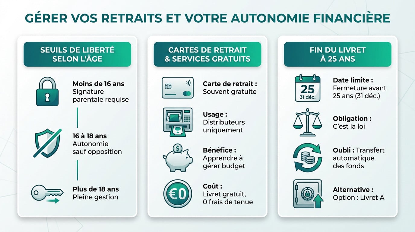 Infographie moderne sur la gestion des retraits et l'autonomie financière, détaillant les seuils d'âge, les cartes et la fin du livret.