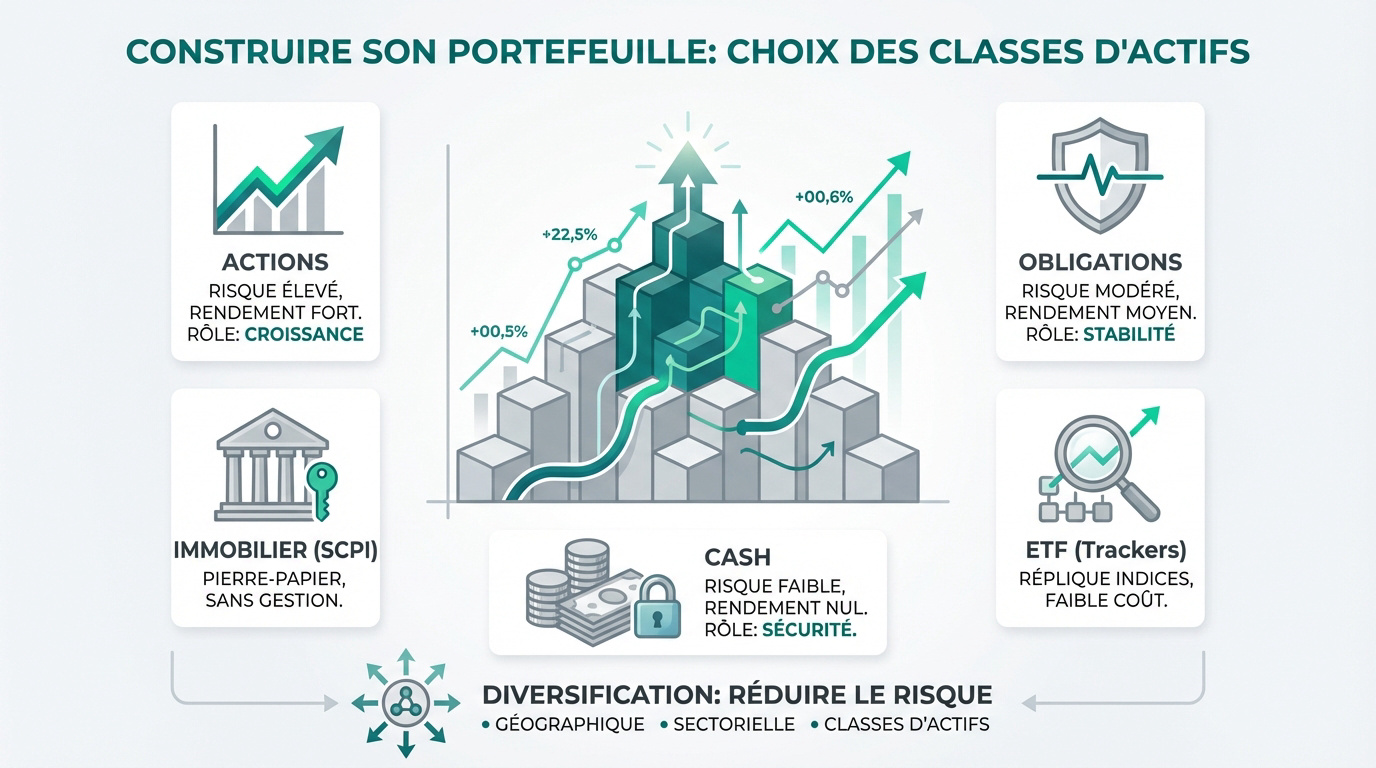Infographie expliquant les classes d'actifs (actions, obligations, immobilier, cash, ETF) et la diversification pour un portefeuille.