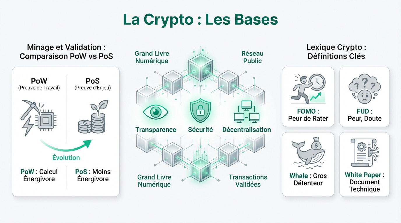 Infographie expliquant les bases de la crypto : PoW vs PoS, principes de la blockchain et lexique clé.
