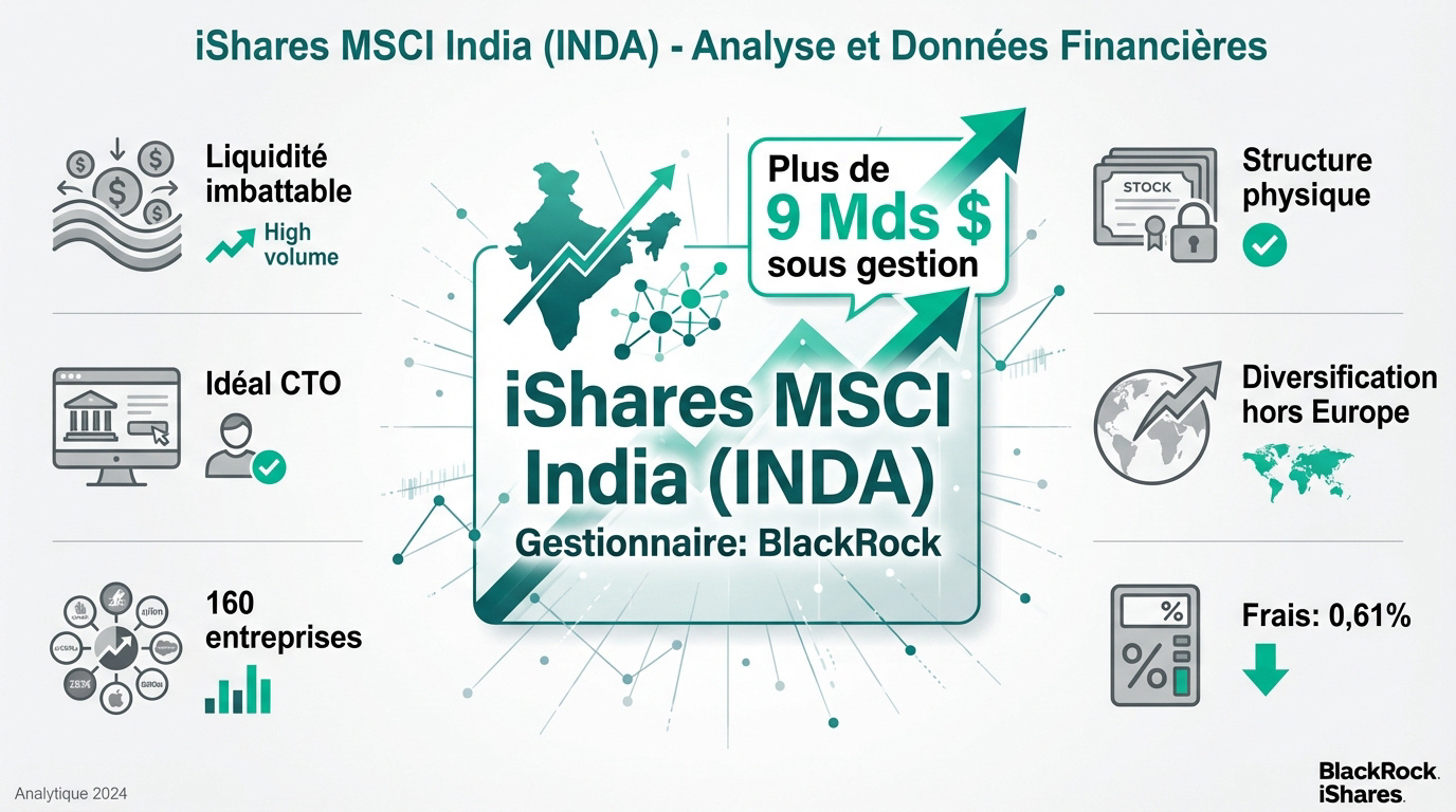 Infographie iShares MSCI India (INDA) détaillant ses caractéristiques: liquidité, >9 Mds $ sous gestion, diversification, frais 0,61%.