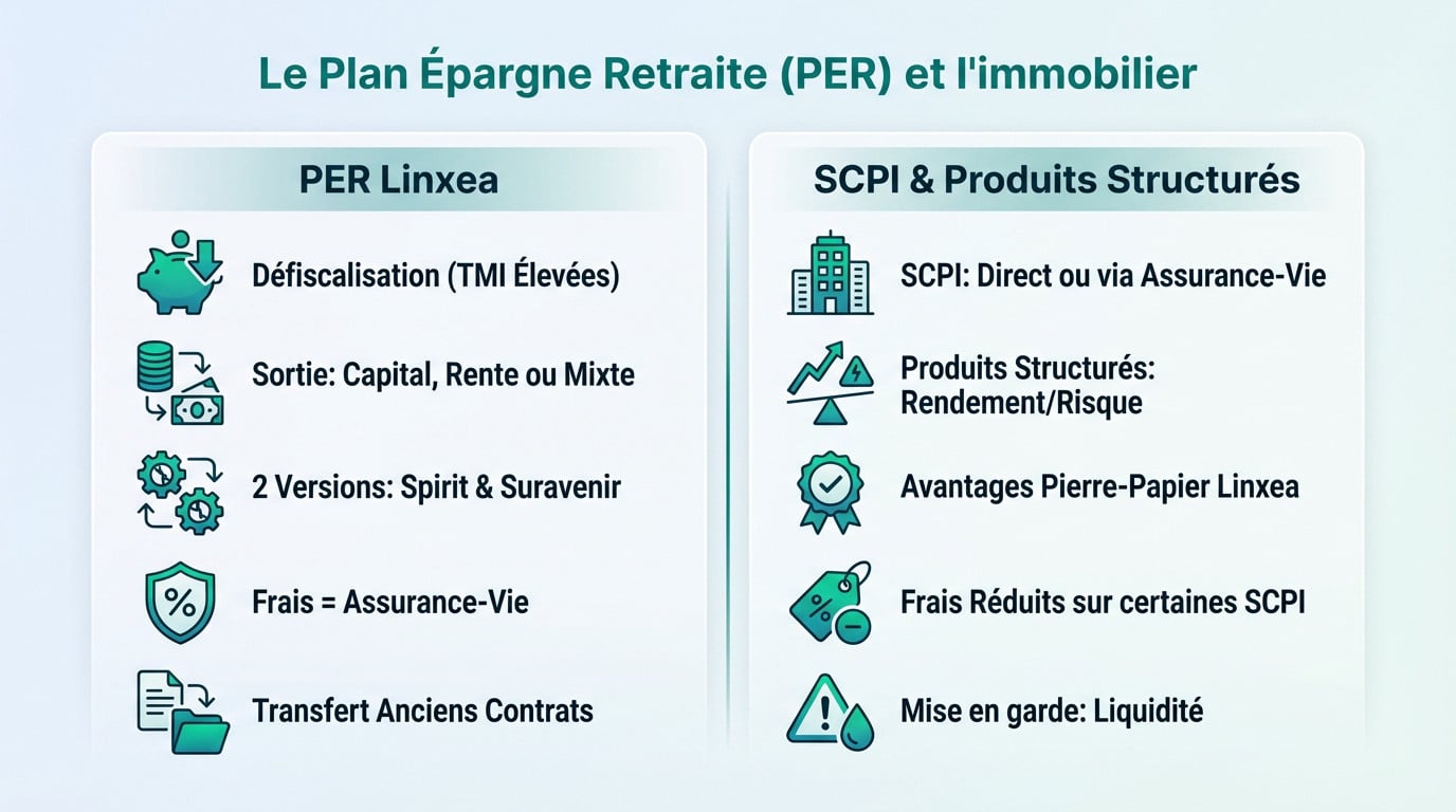 Infographie PER Linxea et SCPI/Produits Structurés. Détaille fiscalité, options de sortie, frais, avantages et mises en garde pour l'épargne retraite.