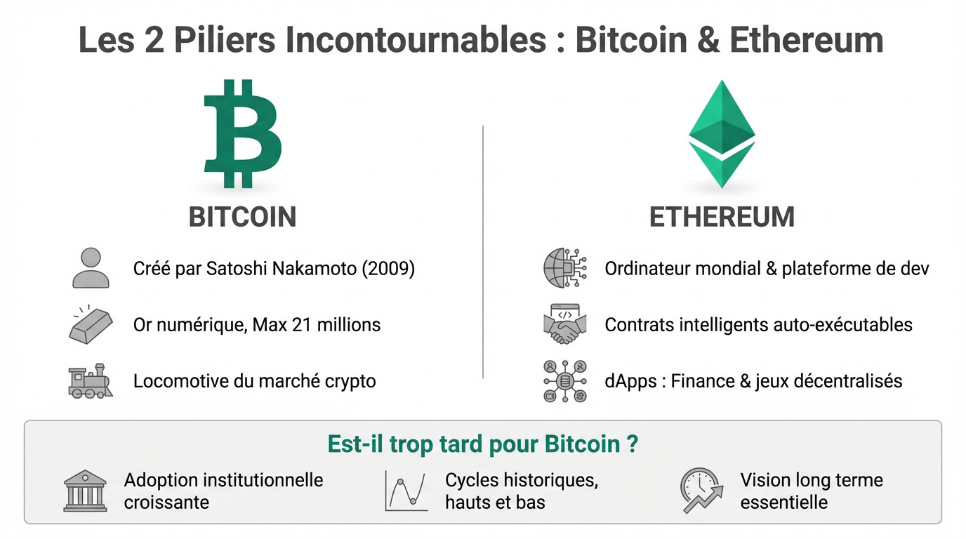 Infographie comparant Bitcoin et Ethereum, détaillant leurs caractéristiques clés et l'opportunité d'investissement dans les cryptos.