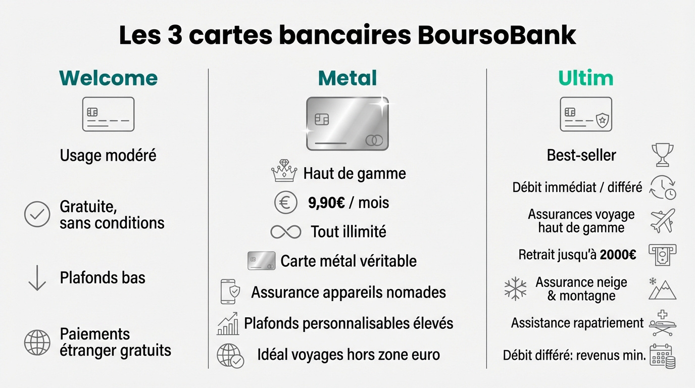 Tableau comparatif des cartes bancaires Boursorama Bank : Welcome, Metal et Ultim, listant leurs caractéristiques.