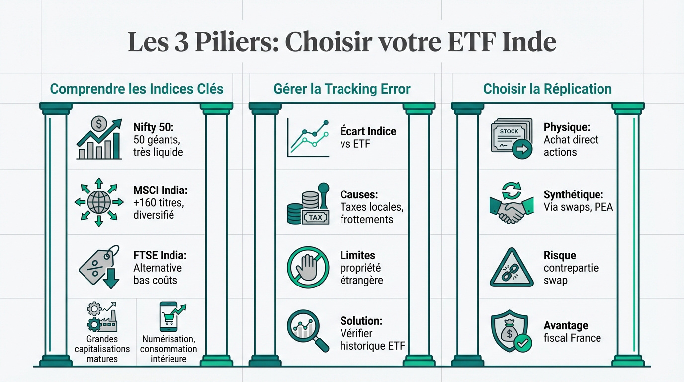 Infographie sur les 3 piliers essentiels pour choisir un ETF Inde: indices clés, gestion de l'erreur de suivi, et modes de réplication.