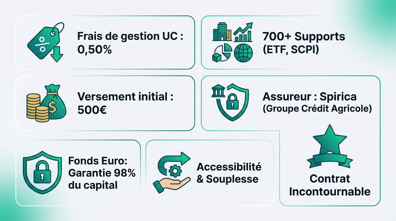 Infographie Linxea Spirit 2: frais de gestion 0,50%, versement initial 500€, 700+ supports, assureur Spirica, fonds Euro garanti 98%, accessibilité et contrat incontournable.