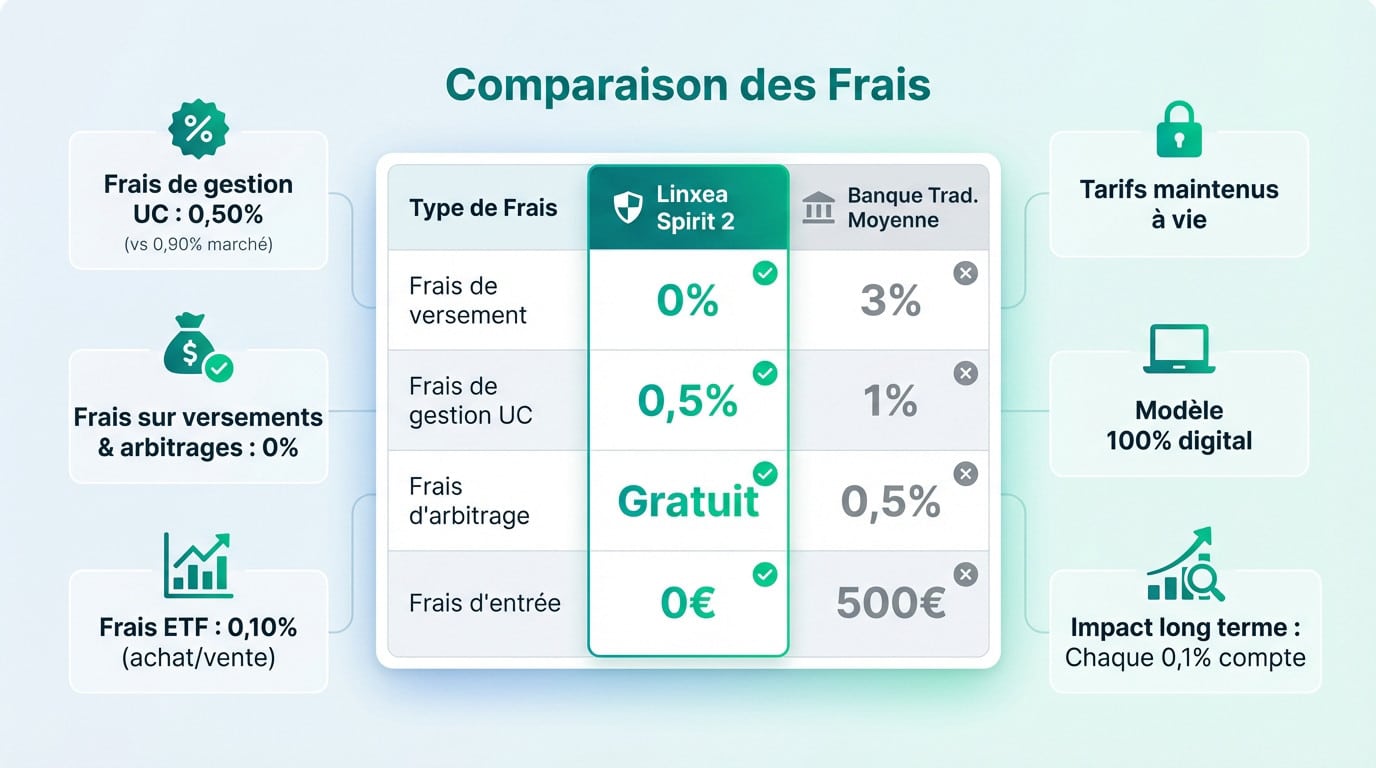 Infographie Linxea Spirit 2 comparant les frais (versement, gestion, arbitrage, entrée) avec une banque traditionnelle, et soulignant ses avantages.
