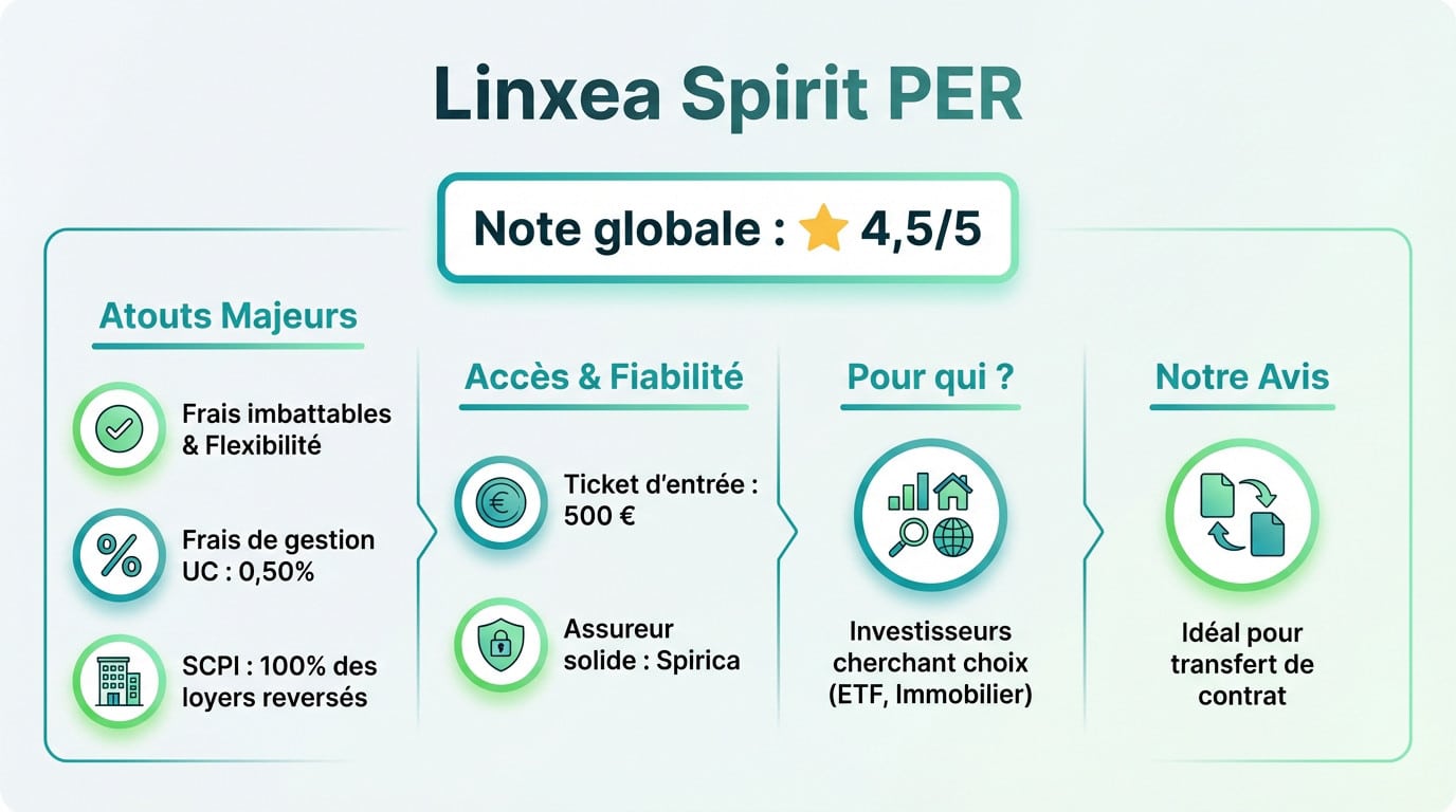 Infographie Linxea Spirit PER (Note 4,5/5). Présente atouts (frais, SCPI), accès (500€, Spirica), cible (ETF/Immo) et recommandation (transfert).