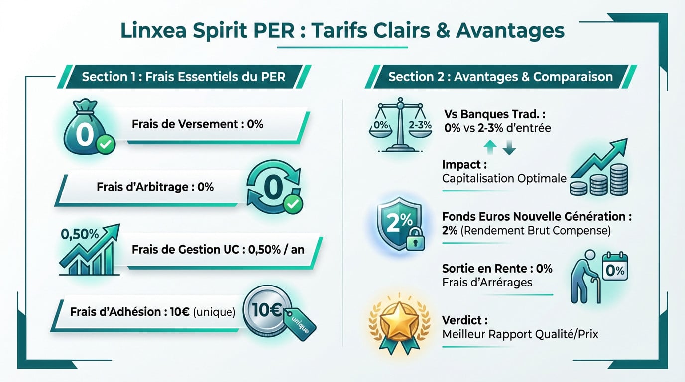 Infographie PER Linxea Spirit. Détaille les frais (0% versement, 0% arbitrage, 0,50% gestion UC, 10€ adhésion) et avantages (rendement, capitalisation, 0% frais sortie).