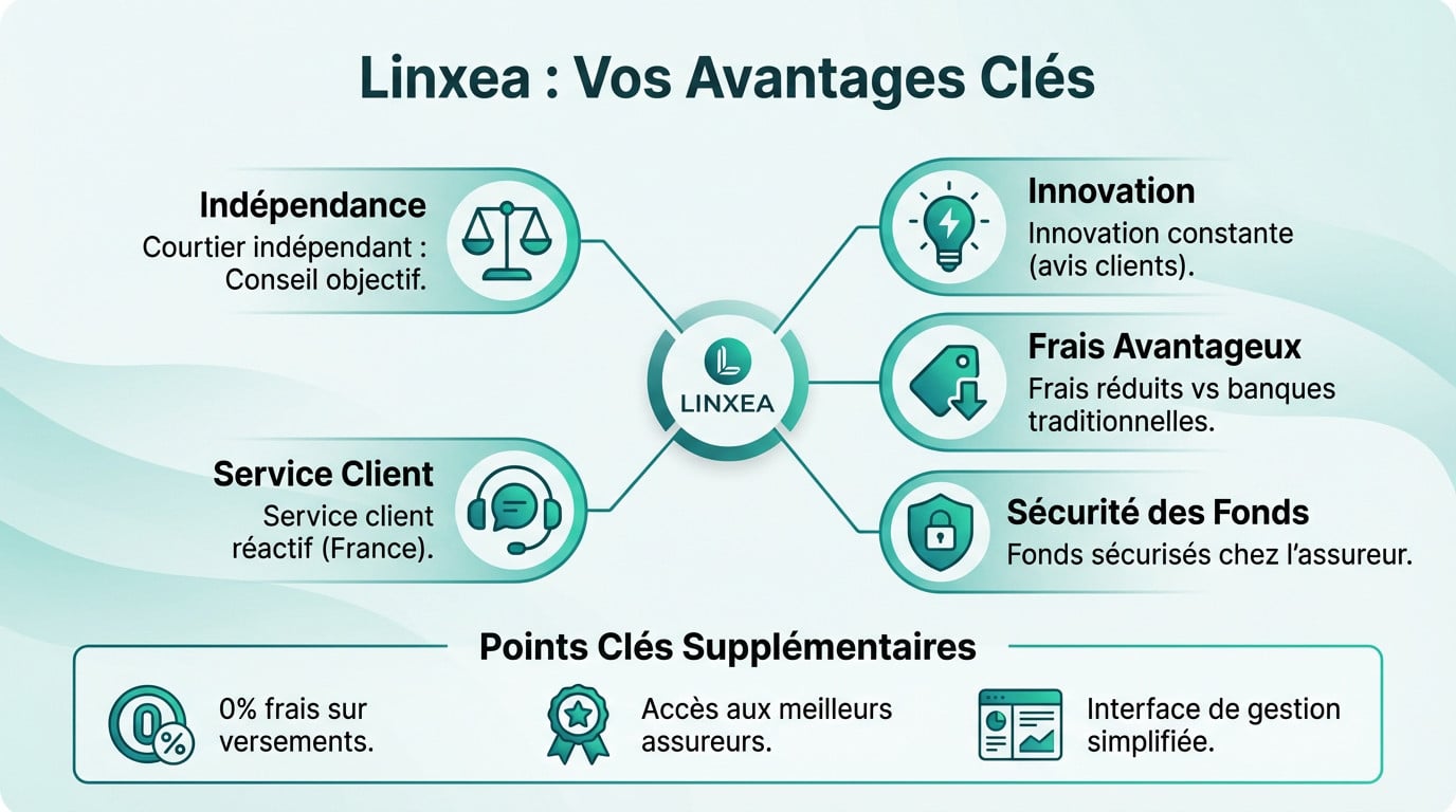 Infographie Linxea détaillant les avantages clés (indépendance, innovation, frais réduits, sécurité, service client) et caractéristiques.