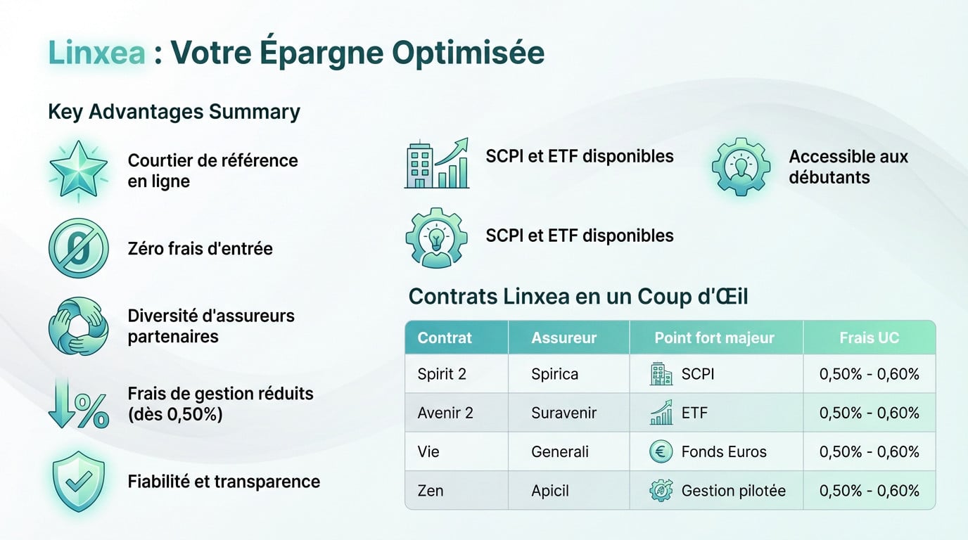 Infographie Linxea. Résumé des avantages: courtier en ligne, zéro frais, frais réduits. Tableau des contrats: Spirit 2, Avenir 2, Vie, Zen.