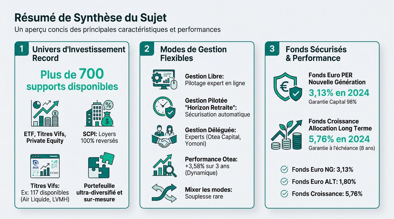Infographie française détaillant l'univers d'investissement, les modes de gestion flexibles et les fonds sécurisés avec leurs performances.