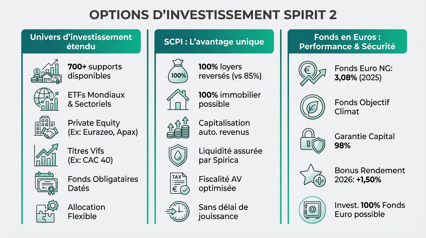 Infographie des options d'investissement Spirit 2, présentant un univers étendu, les avantages des SCPI et la performance des fonds en euros.