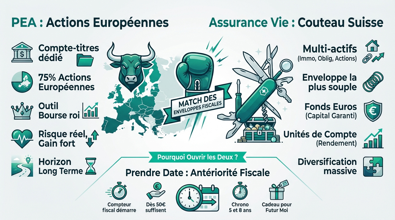 Infographie comparant PEA (Actions Européennes) et Assurance Vie (Couteau Suisse), détaillant leurs caractéristiques et avantages fiscaux.
