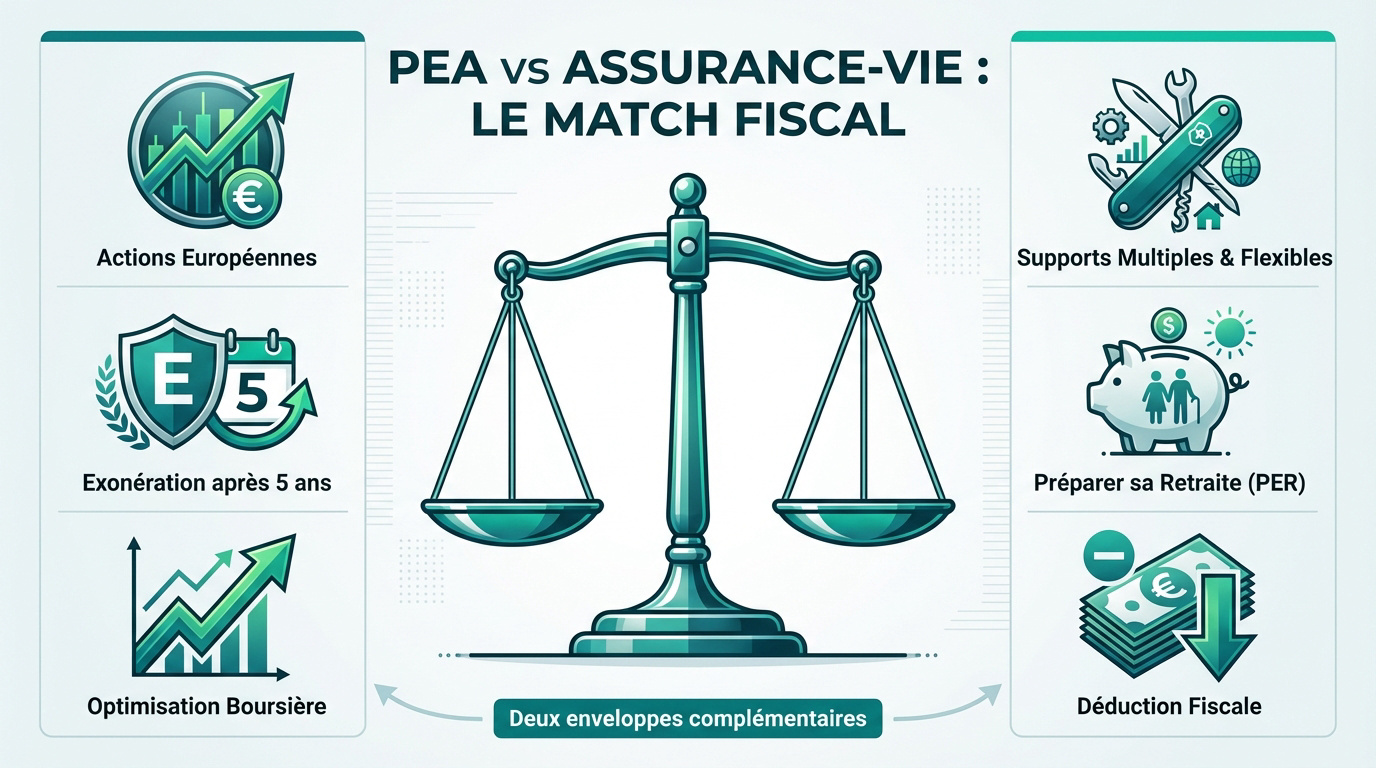 Infographie comparant PEA et Assurance-Vie avec une balance. Détaille avantages fiscaux et usages : actions européennes, exonération, supports flexibles, retraite, déduction.