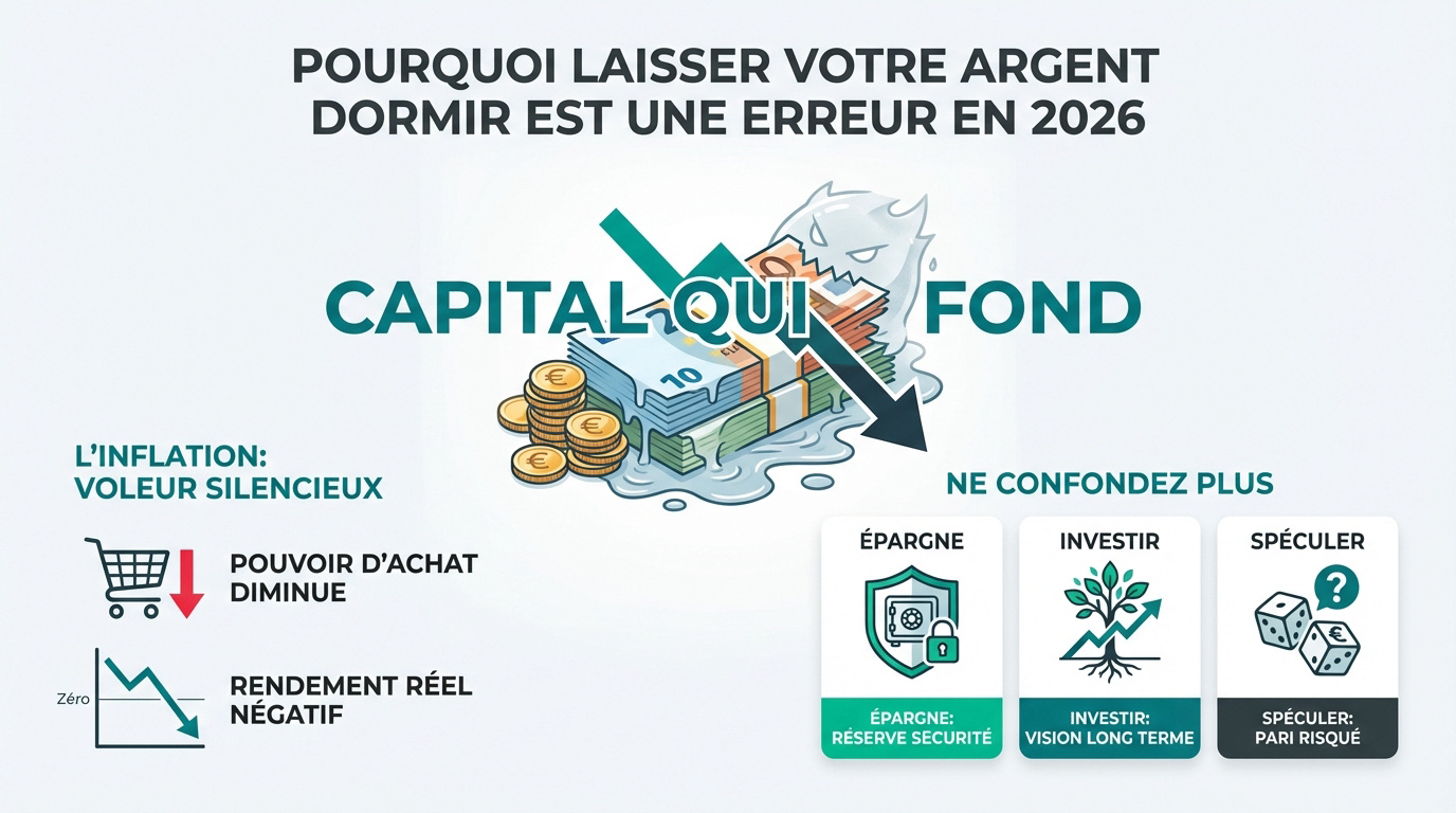 Infographie expliquant l'impact de l'inflation sur le capital et différenciant l'épargne, l'investissement et la spéculation.