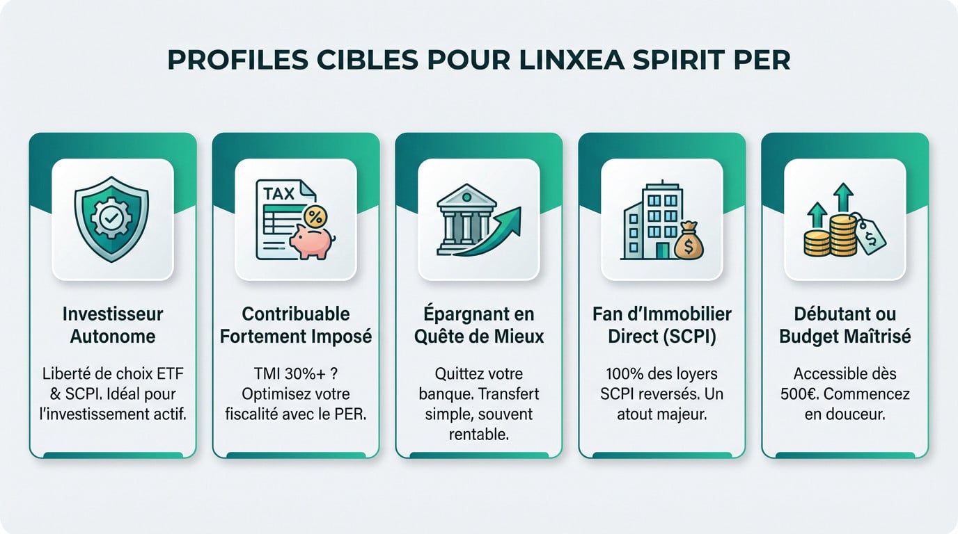 Infographie présentant les 5 profils cibles pour Linxea Spirit PER, avec icônes, titres et descriptions. Design moderne.