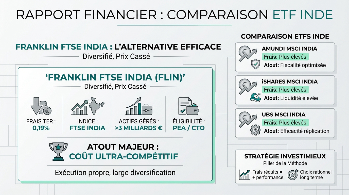 Infographie comparant des ETF Inde, soulignant le Franklin FTSE India pour ses faibles frais et éligibilité PEA, face à Amundi, iShares et UBS.
