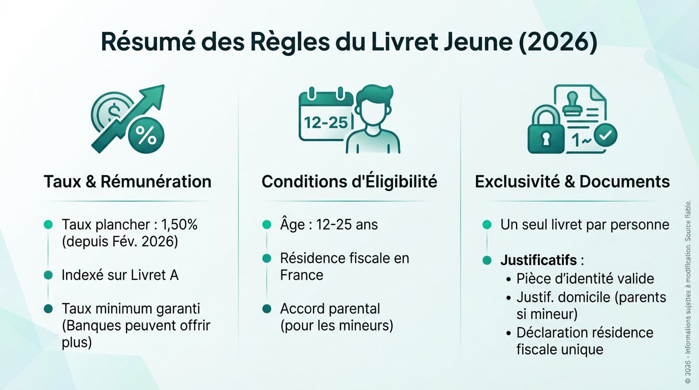 Infographie moderne résumant les règles 2026 du Livret Jeune : taux (1,50%), conditions d'âge (12-25 ans) et documents requis.