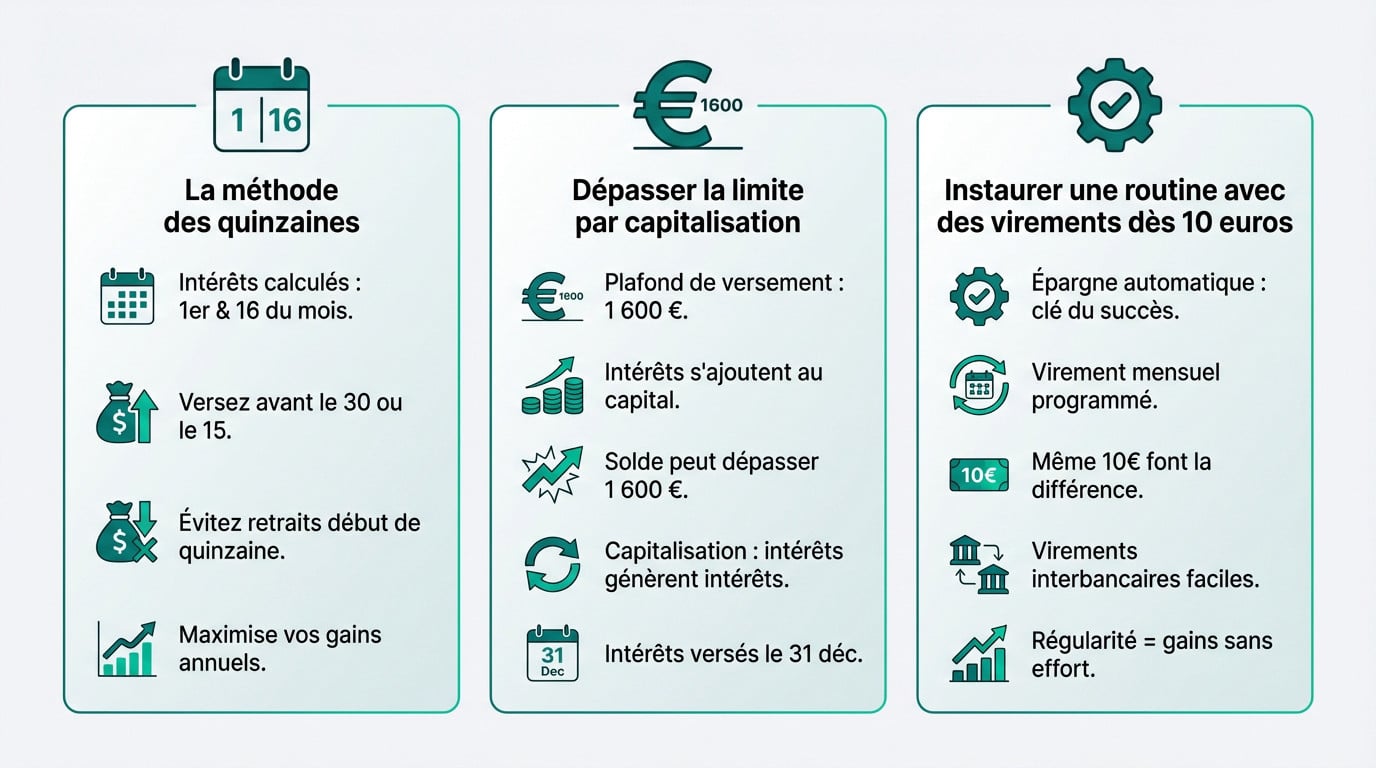 Infographie moderne détaillant 3 stratégies pour optimiser l'épargne et les intérêts avec un plafond de 1600€, incluant la méthode des quinzaines, la capitalisation et les virements réguliers.