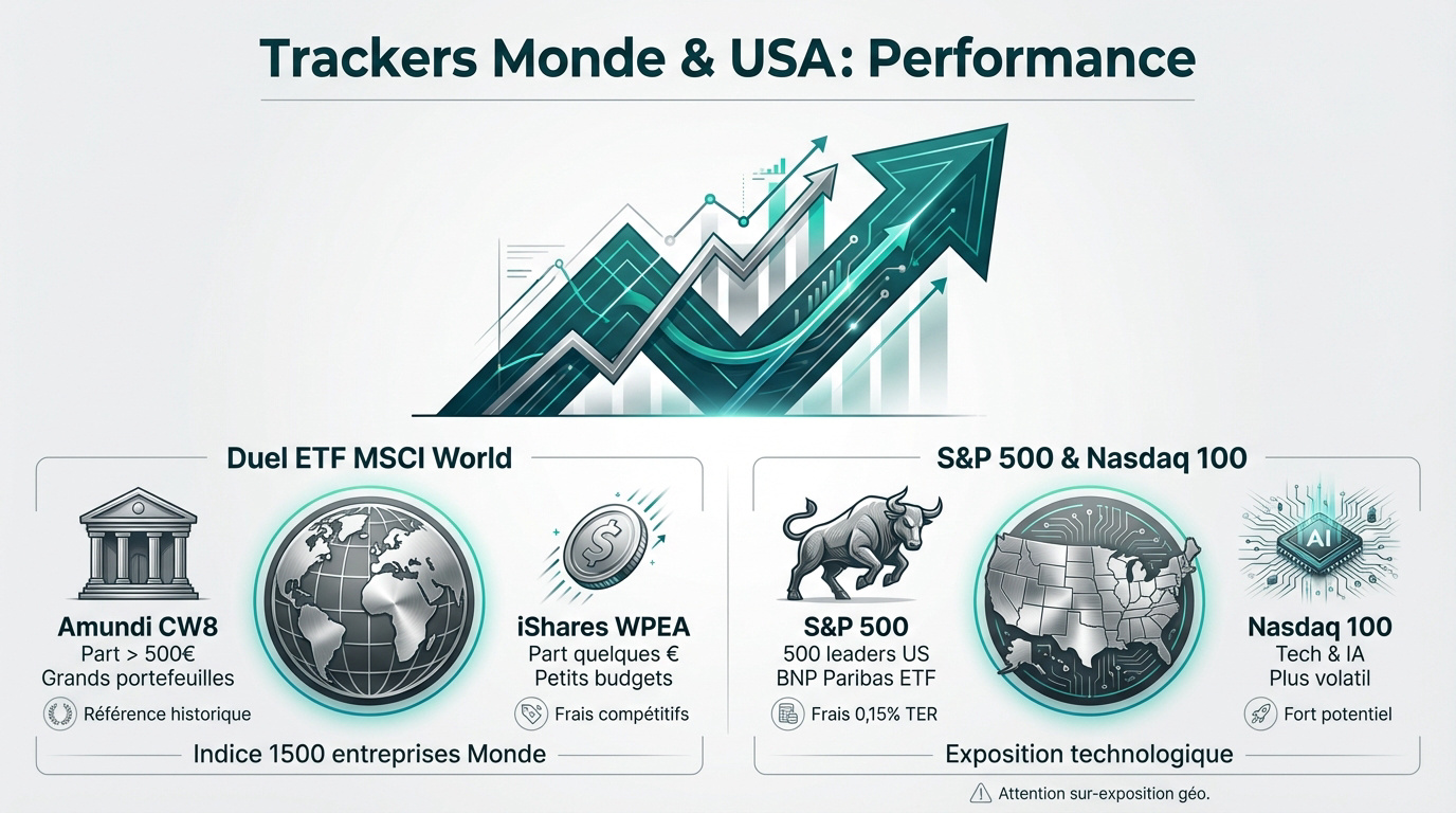 Infographie des performances d'ETFs Monde et USA, détaillant Amundi CW8, iShares WPEA, S&P 500, Nasdaq 100 et leurs caractéristiques.