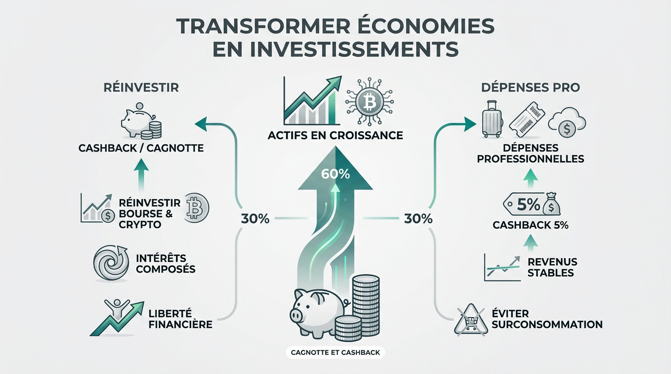 Infographie sur la transformation d'économies en investissements via le cashback. Montre comment réinvestir les gains pour atteindre la liberté financière.