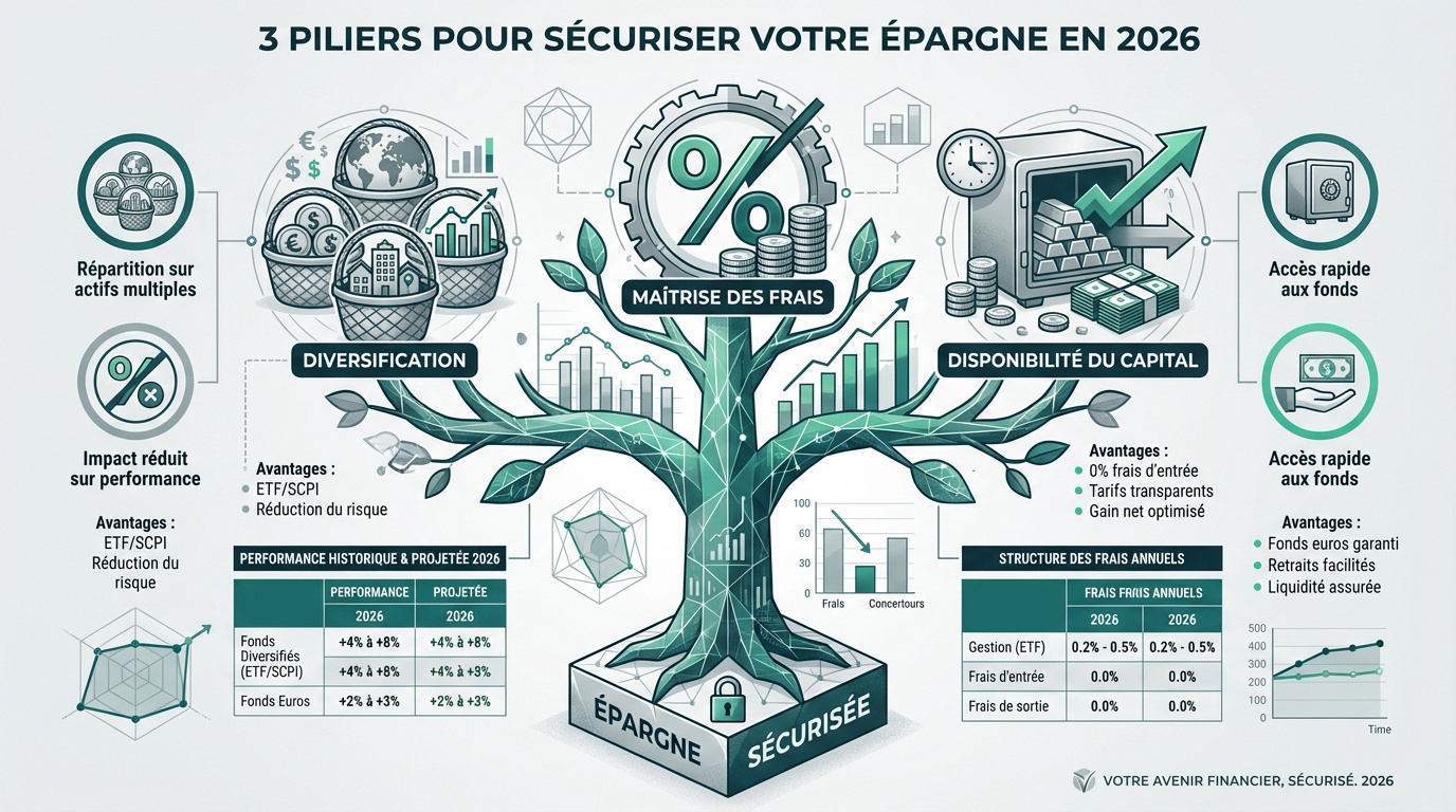 Infographie des 3 piliers de l'épargne sécurisée en 2026: Diversification, Maîtrise des frais, et Disponibilité du capital.
