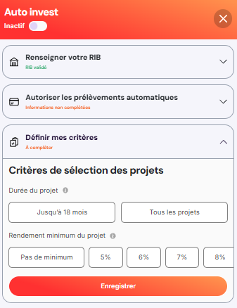 Capture de l'outil Auto invest de Tokimo
