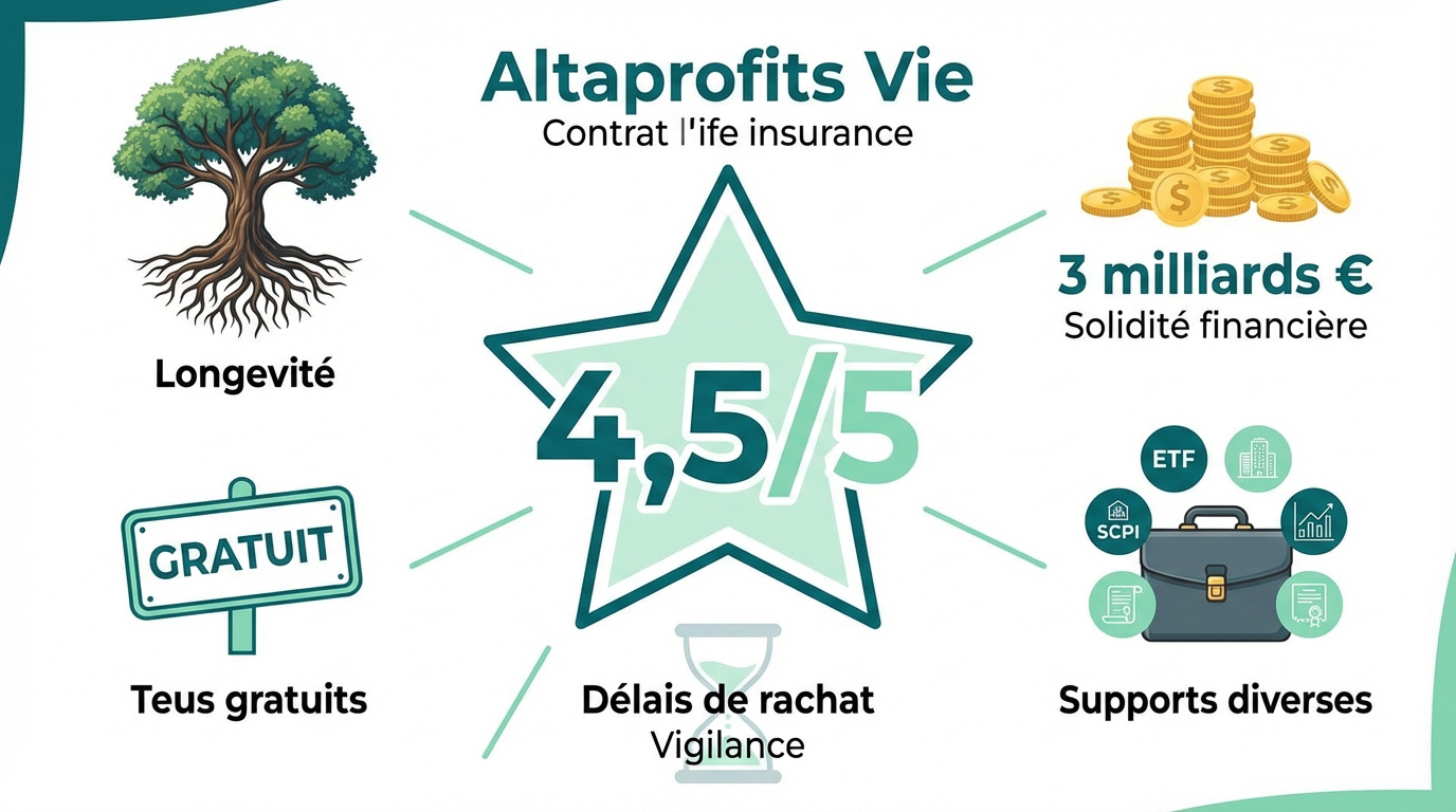 Infographie Altaprofits Vie présentant une note de 4,5/5, la longévité, 3 milliards €, des supports diversifiés et des frais gratuits.