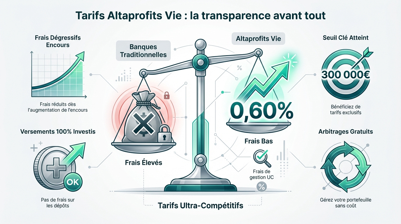 Infographie comparant Altaprofits Vie aux banques traditionnelles. Met en avant des frais bas (0,60%), des avantages et des tarifs compétitifs.