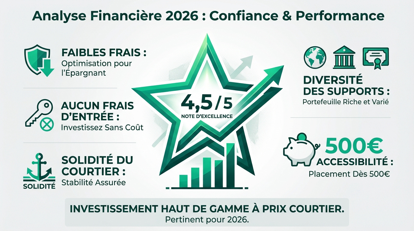 Infographie sur l'analyse financière 2026. Note d'excellence 4,5/5, faibles frais, pas de frais d'entrée, solidité, diversité des supports, accessible dès 500€.