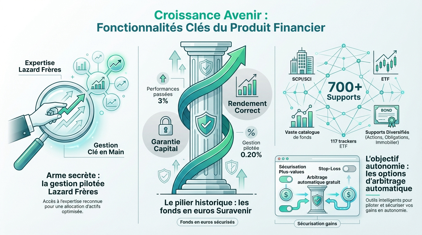 Infographie sur les fonctionnalités de l'assurance vie Croissance Avenir : gestion Lazard Frères, fonds sécurisés, 700+ supports.