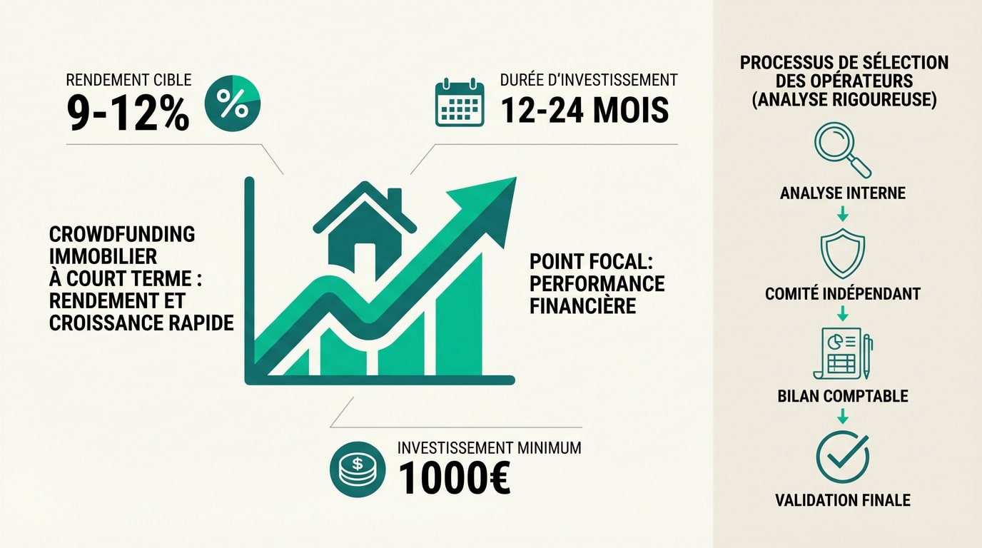 Infographie sur le crowdfunding immobilier. Présente un rendement cible de 9-12%, durée 12-24 mois, min. 1000€, et un processus de sélection rigoureux.