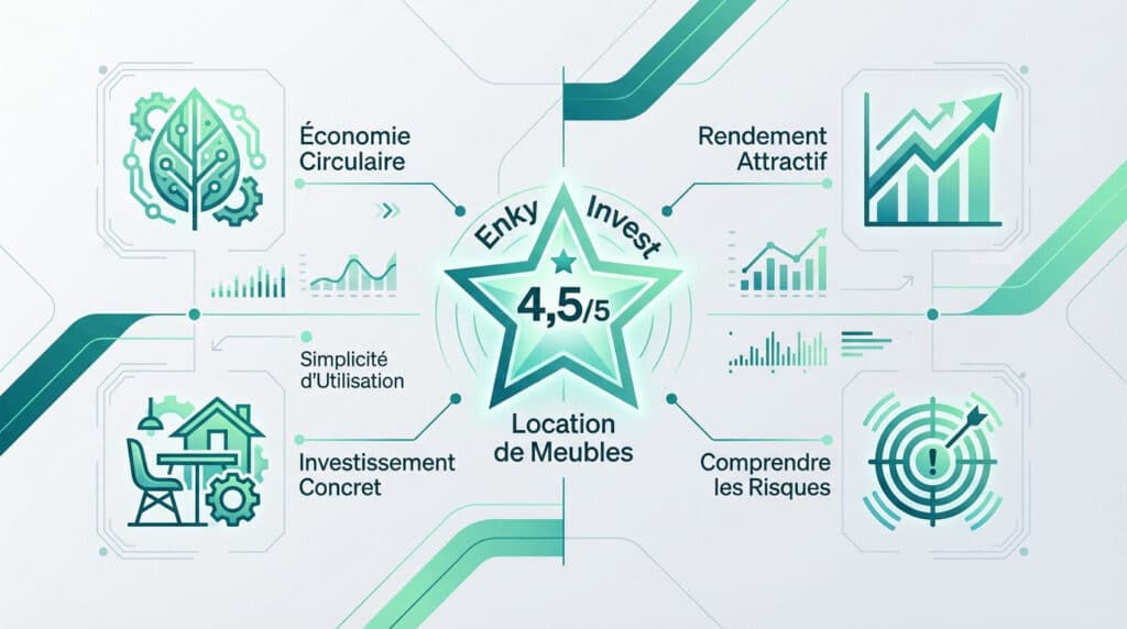 Infographie Avis Enky Invest montrant une note de 4.5/5 pour l'investissement en location de meubles, avec économie circulaire, rendement, simplicité et risques.
