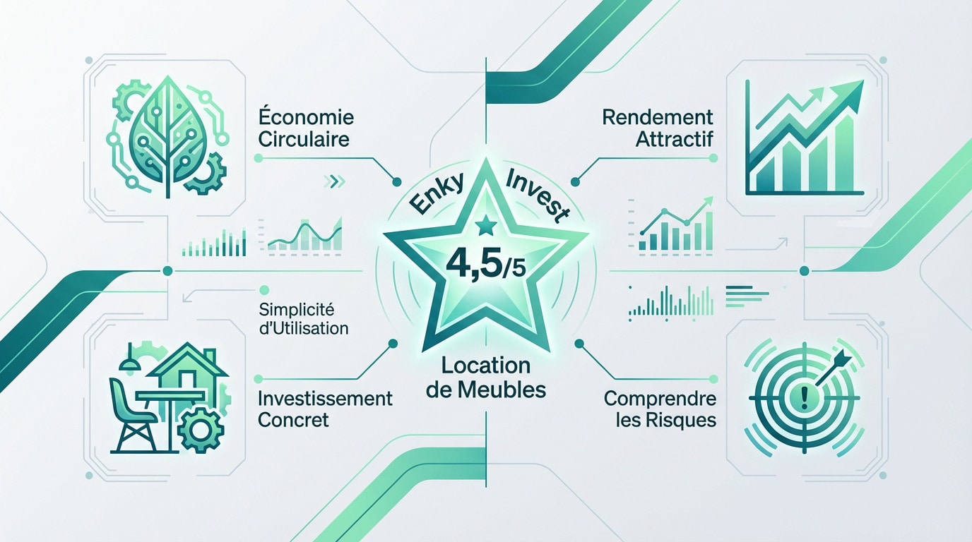 Infographie Avis Enky Invest montrant une note de 4.5/5 pour l'investissement en location de meubles, avec économie circulaire, rendement, simplicité et risques.