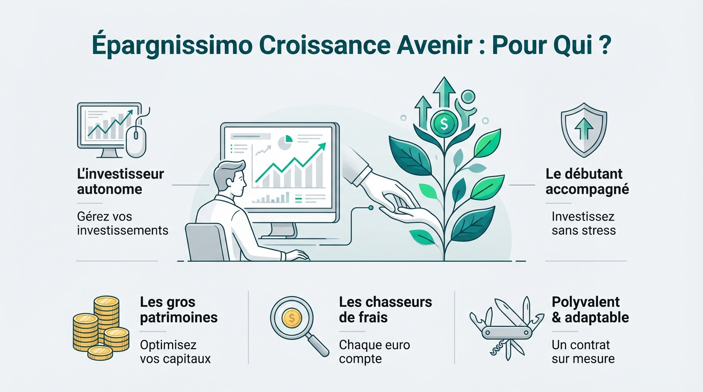 Illustration présentant les avantages d'Épargnissimo Croissance Avenir : investisseurs autonomes, débutants, gros patrimoines, et contrat sur mesure.