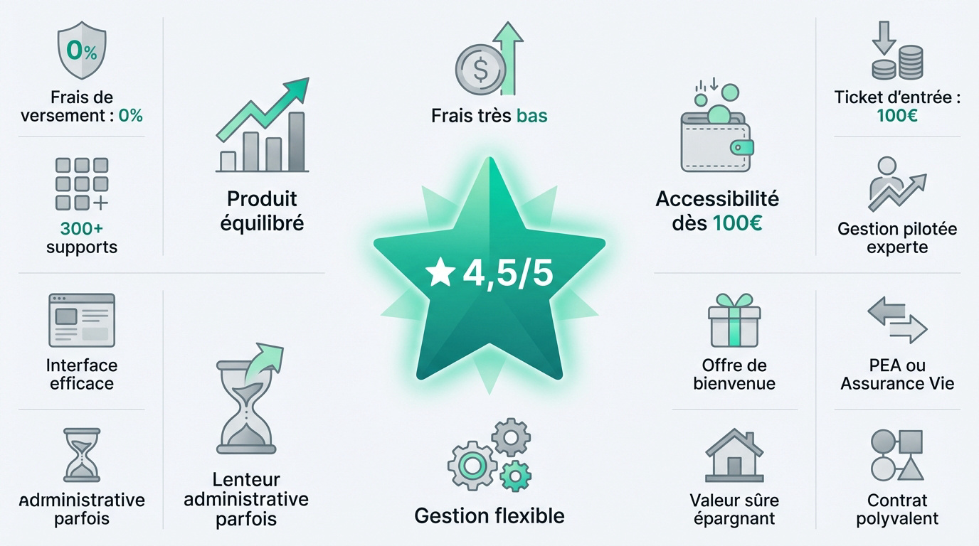 Infographie du contrat Digital Vie Altaprofits, noté 4,5/5. Détaille frais, supports, accessibilité, gestion et points clés.