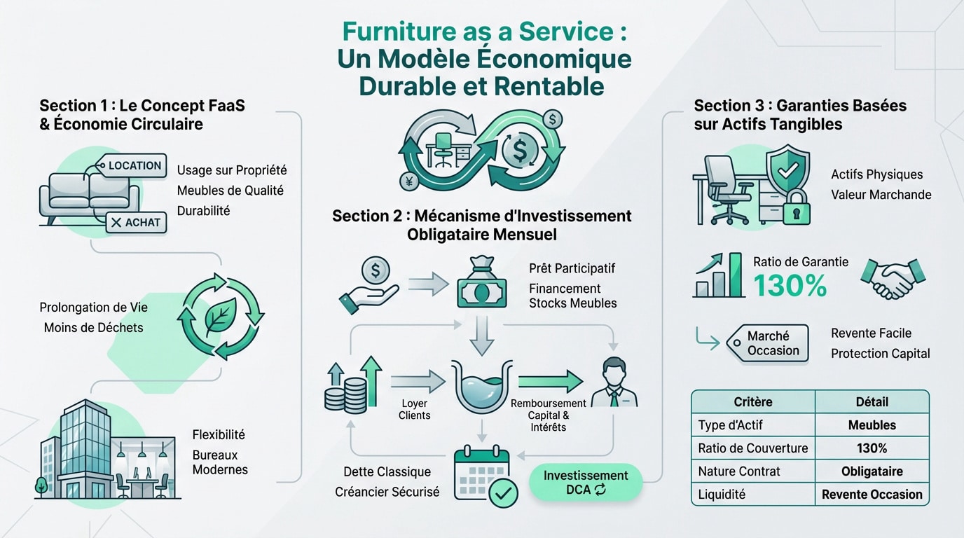 Infographie sur le modèle FaaS d'Enky Invest. Explique son fonctionnement circulaire, le mécanisme d'investissement obligataire et les garanties.
