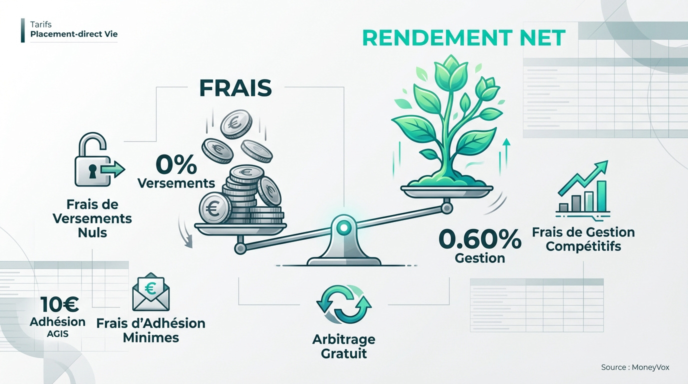 Infographie comparant les frais (versements nuls, adhésion 10€) et le rendement net (0,60% gestion, arbitrage gratuit) du contrat Placement-direct Vie.