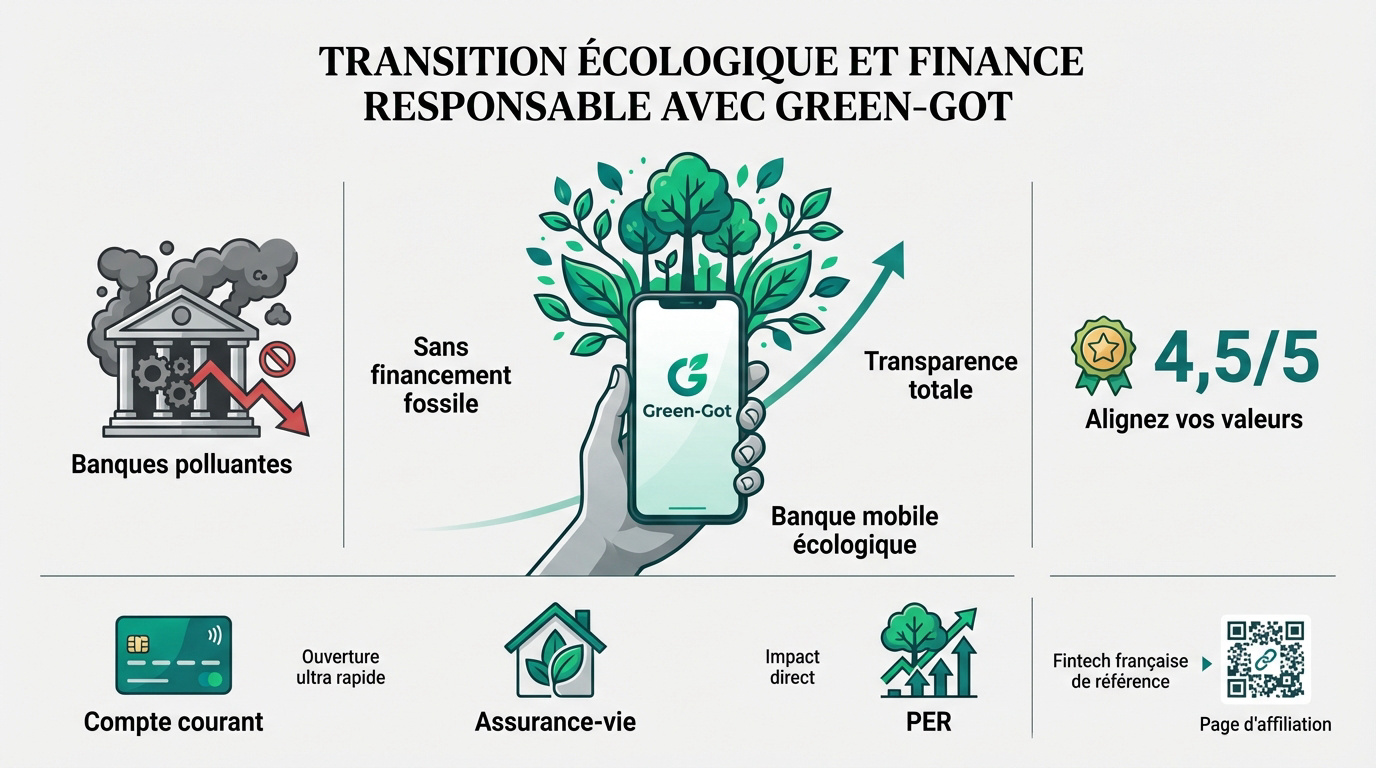 Infographie Green-Got. Oppose banques polluantes à ses services écologiques : compte, assurance-vie, PER. Note de 4,5/5.