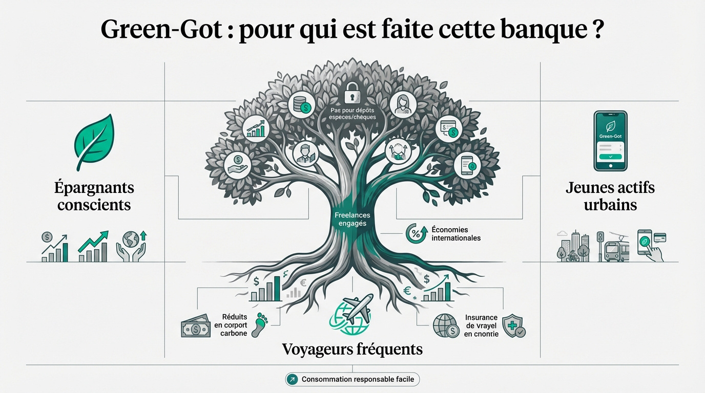 Infographie illustrant les profils d'utilisateurs Green-Got : épargnants, freelances, jeunes actifs, voyageurs, et leurs avantages.