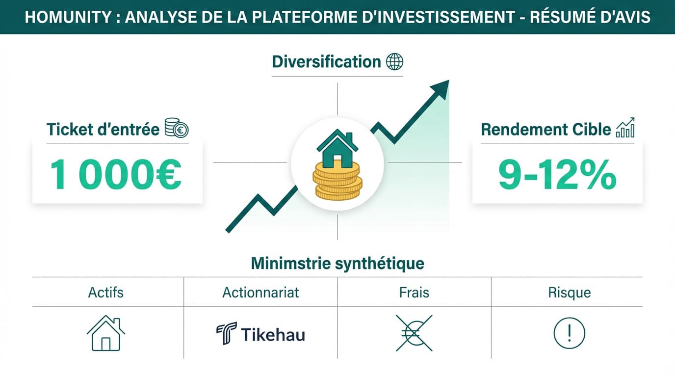 Infographie Homunity : ticket d'entrée 1000€, rendement cible 9-12%. Diversification, pas de frais, risque. Actionnariat Tikehau.