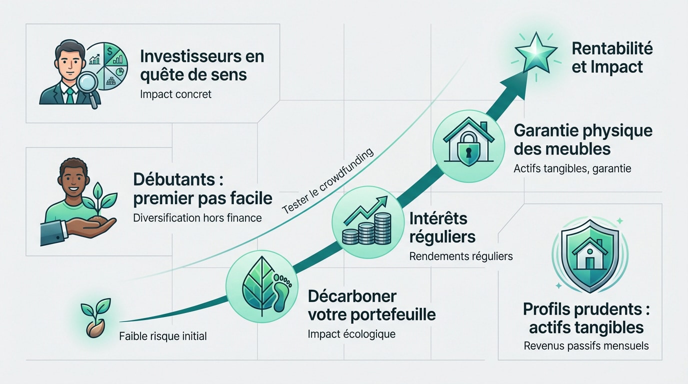 Infographie présentant le parcours d'investissement Enky Invest : du faible risque à la rentabilité et l'impact, incluant crowdfunding et actifs tangibles.