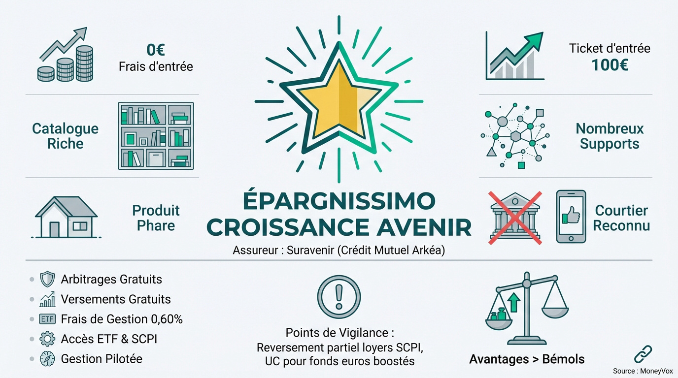 Infographie sur l'assurance vie Épargnissimo Croissance Avenir, présentant ses caractéristiques clés et points de vigilance.