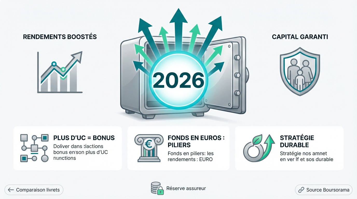 Infographie des avantages du contrat Digital Vie 2026: rendements boostés, capital garanti, fonds euros et stratégie durable.