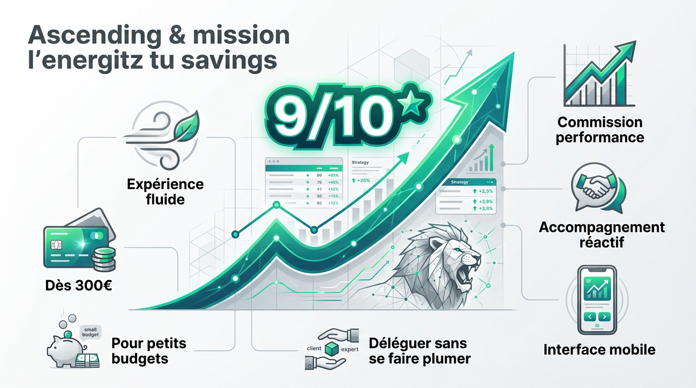 Infographie d'investissement avec croissance 9/10, expérience fluide, dès 300€, pour petits budgets, accompagnement réactif, interface mobile.