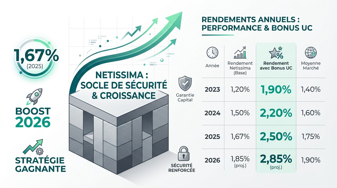 Infographie des rendements annuels Altaprofits Vie 2026 Netissima. Tableau des performances avec bonus UC, atteignant 2,85% en 2026.