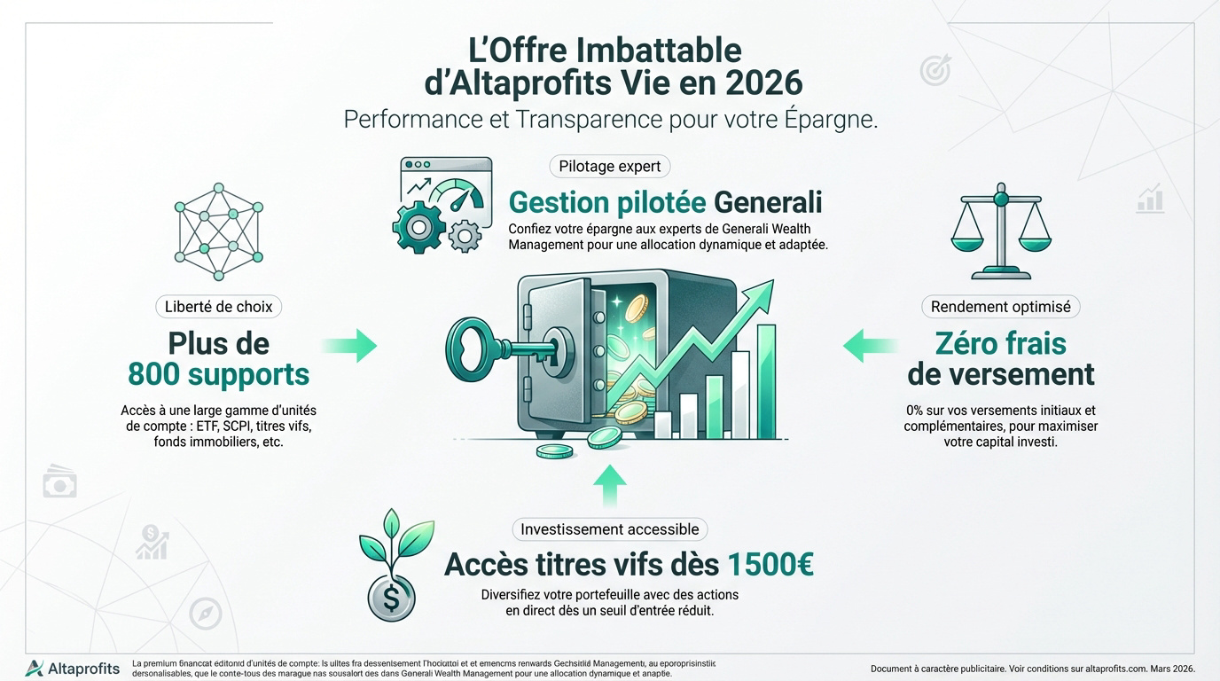 Infographie de l'offre Altaprofits Vie 2026 : gestion pilotée, 800+ supports, zéro frais et accès titres vifs.