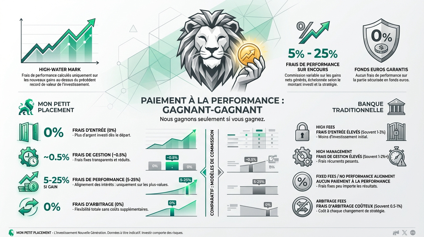 Infographie comparant les frais de Mon Petit Placement (0% entrée, 0.5% gestion, paiement performance) et des banques traditionnelles.