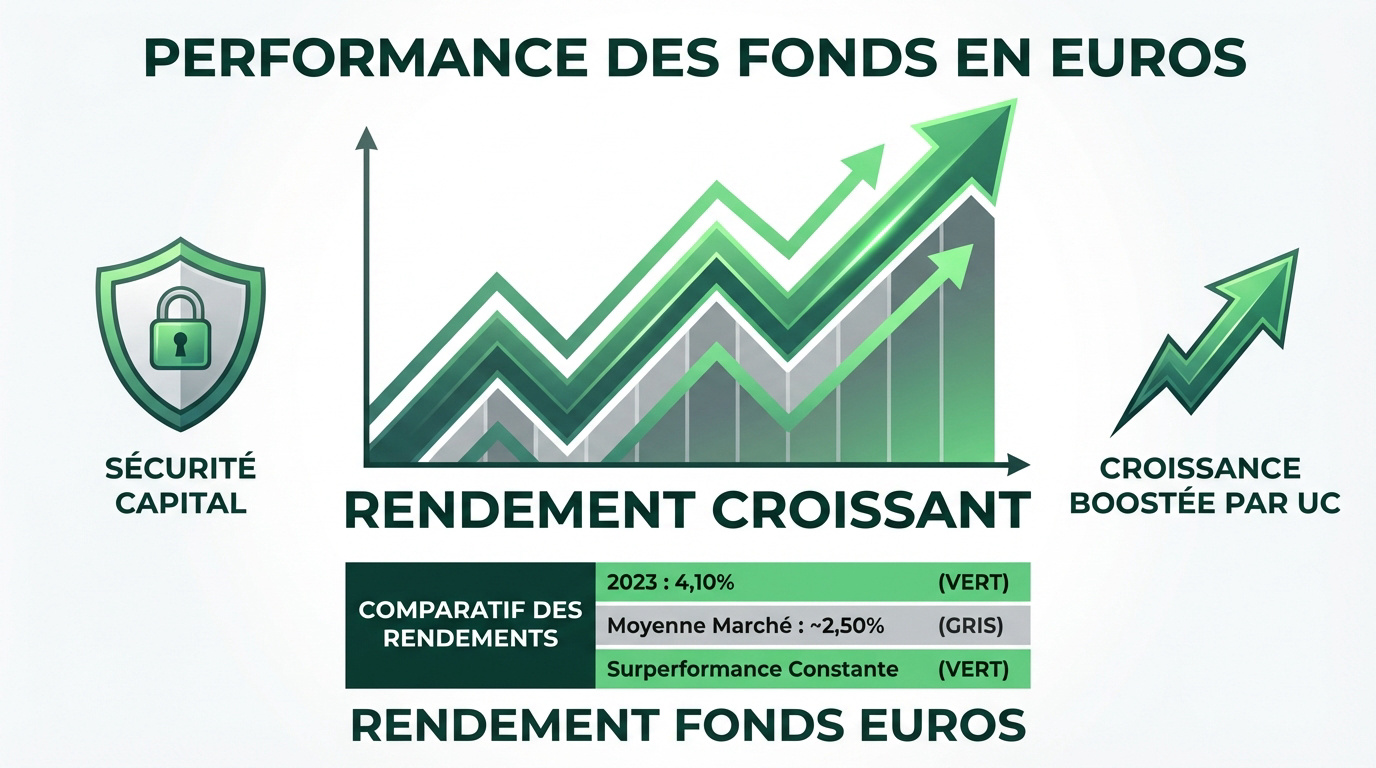 Infographie sur la performance des fonds en euros : rendement croissant (jusquà 3,45% en 2025 (avec bonus UC)), sécurité capital, et croissance par UC.